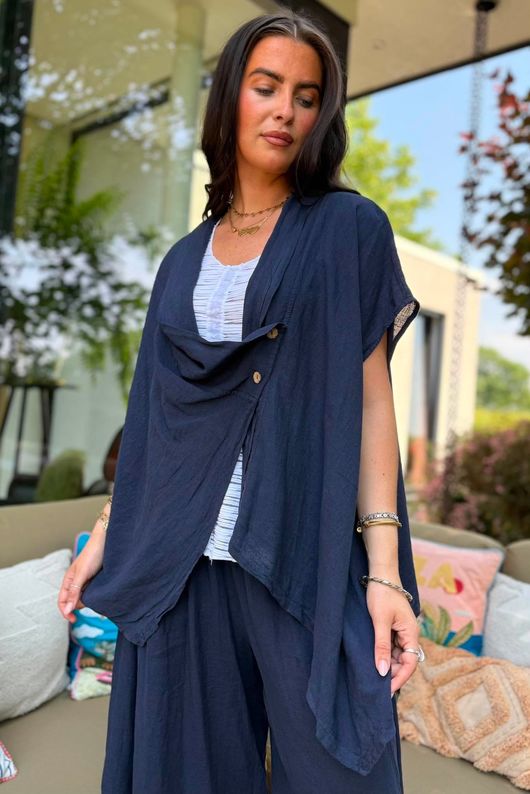 Sandbar Linen Blend Drape Front Cap Sleeve Gilet Navy